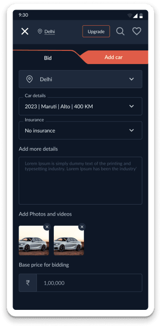 Car bidding app seller listing
